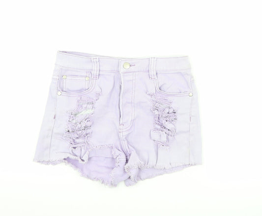 Additional front view of MINKPINK women’s purple denim hot pants shorts, size S, - distressed