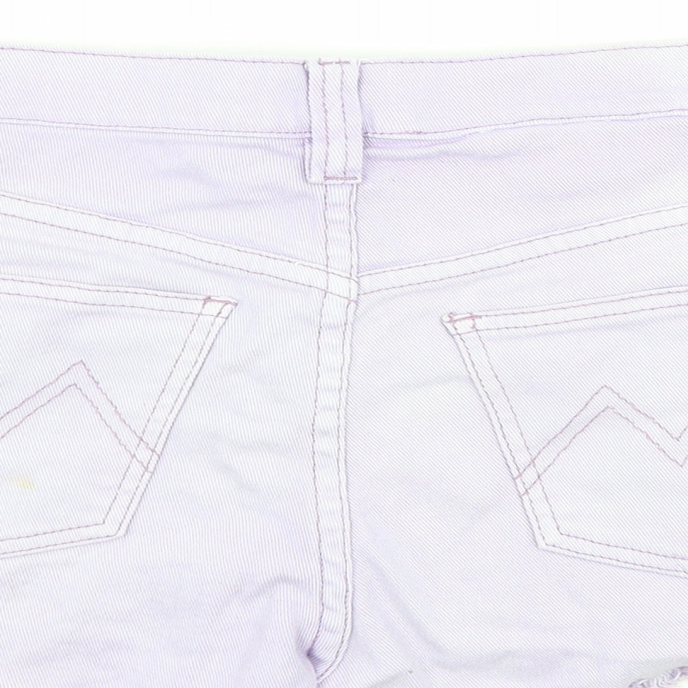 Brand and care label for MINKPINK women’s purple denim hot pants shorts, size S, - distressed