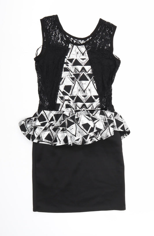 Progress Womens Black Geometric Bodycon Size M - Frill Detail
