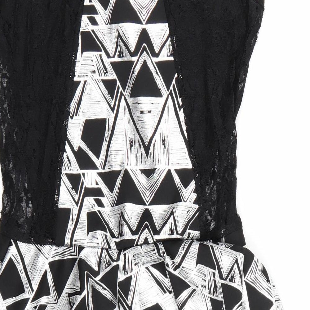 Brand and care label for Progress women’s black geometric bodycon, size M, - frill detail