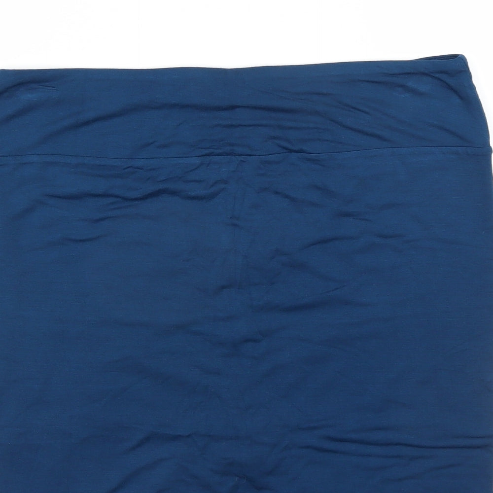 Brand and care label for Bella Luxx women’s blue rayon mini skirt, size L