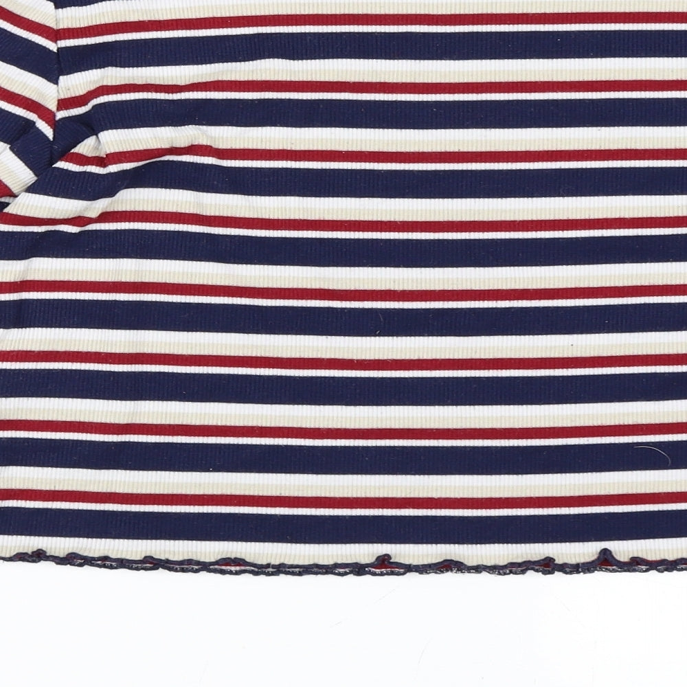 Brand and care label for H&M women’s blue striped jumper, size L