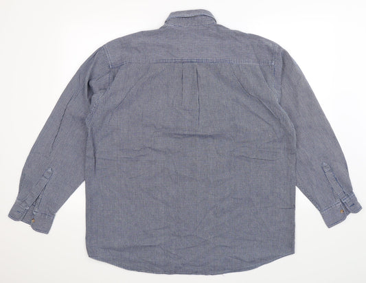 Back view of Trader men’s blue button-up, size L