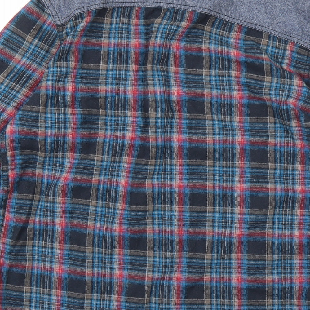Brand and care label for F&F men’s blue check button-up, size S