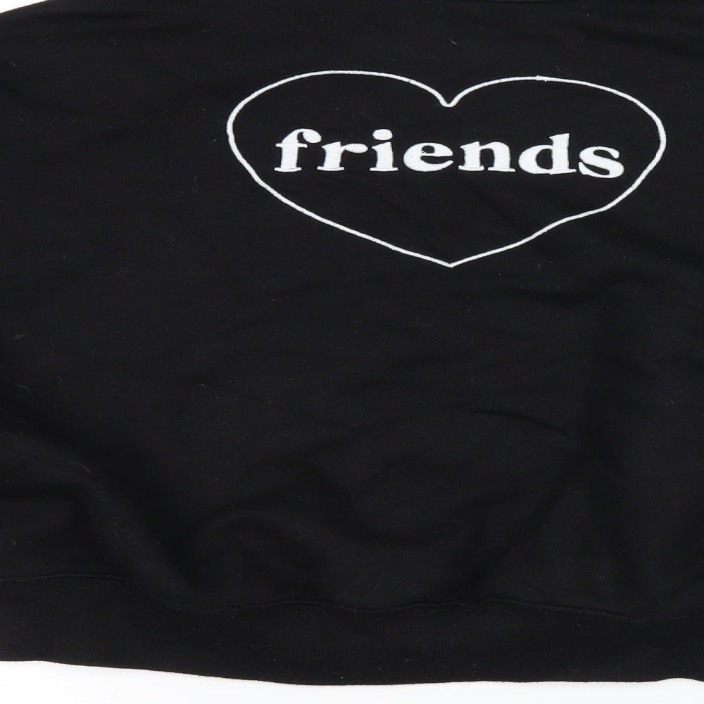 Brand and care label for H&M women’s black pullover sweatshirt, size XS, - forever friends