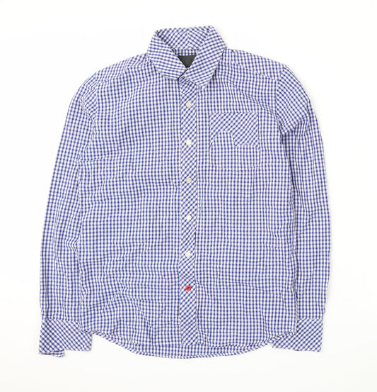 Additional front view of Preworn men’s blue check button-up, size S