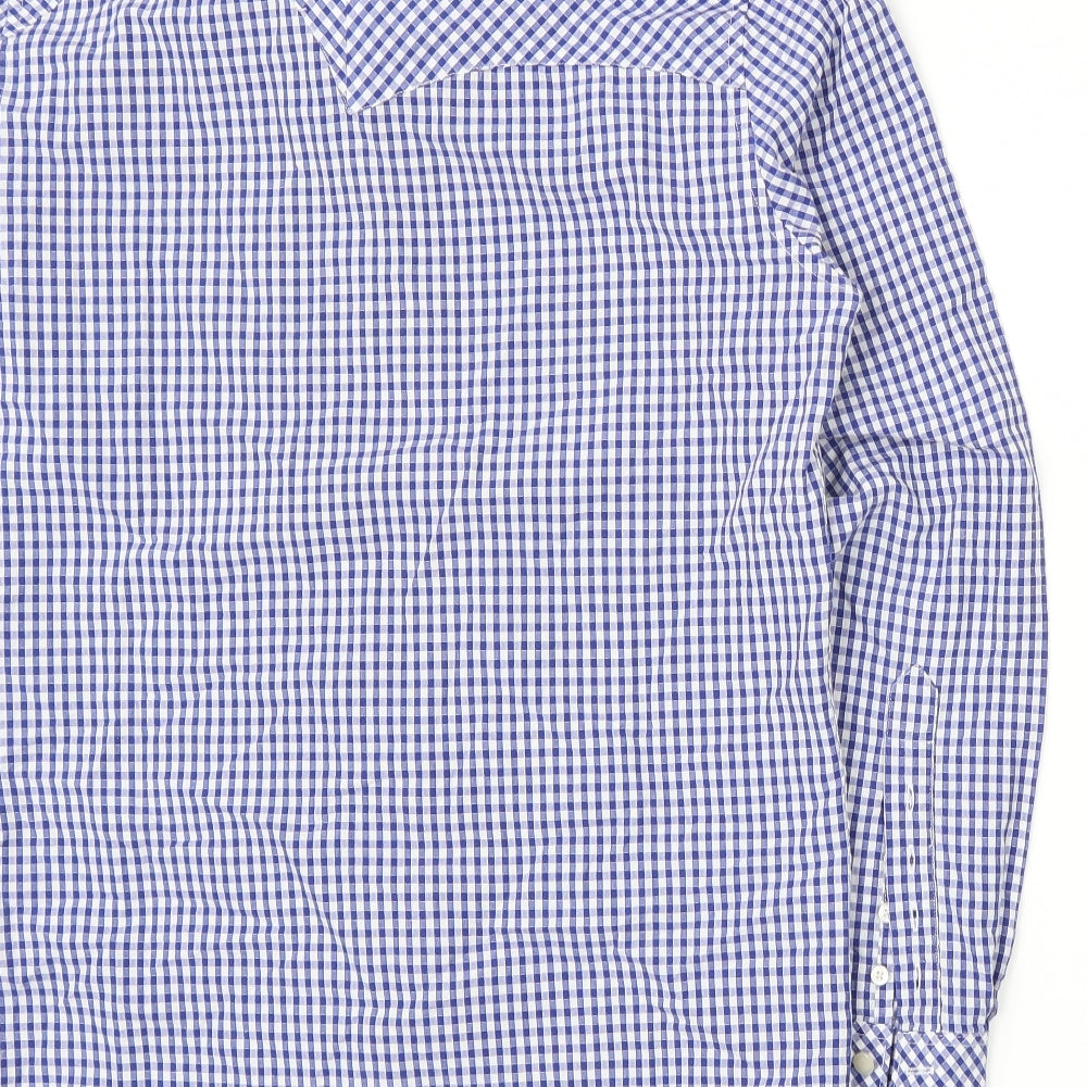 Brand and care label for Preworn men’s blue check button-up, size S