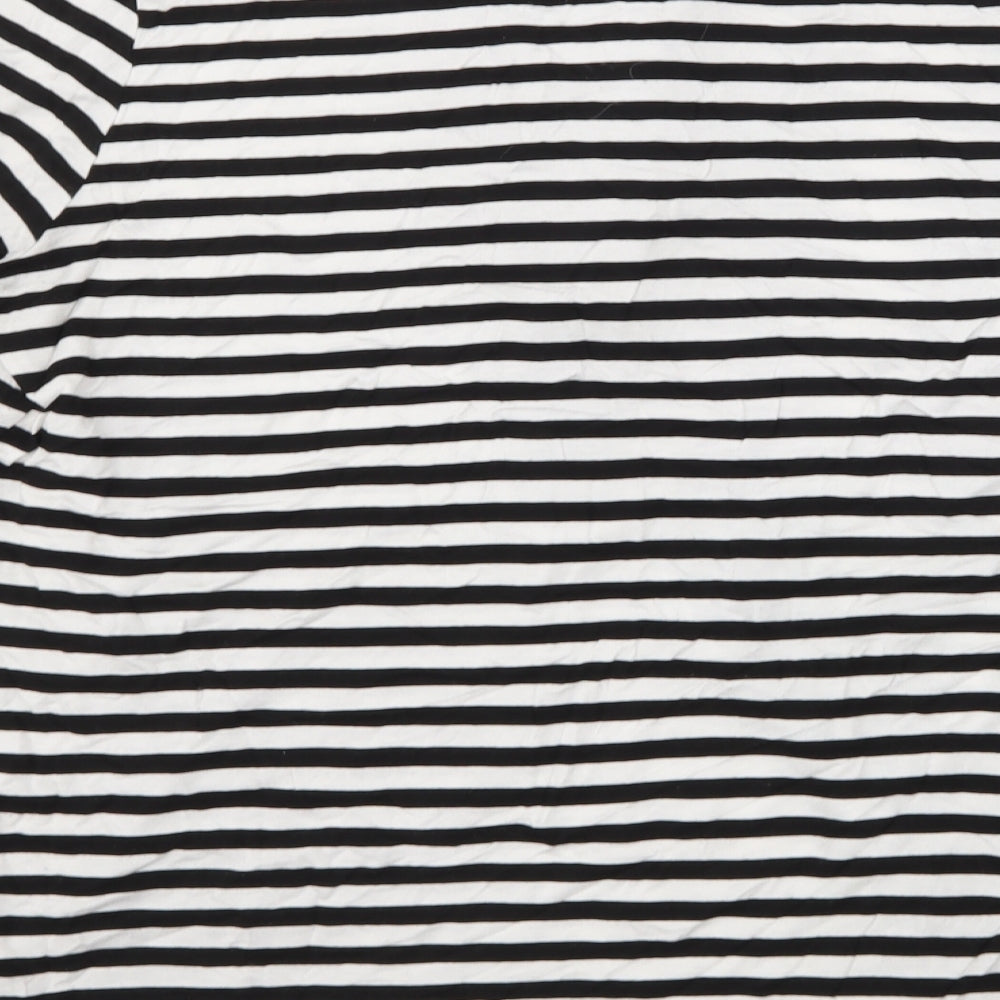 Brand and care label for Bonmarché women’s black striped basic t-shirt, size UK 10
