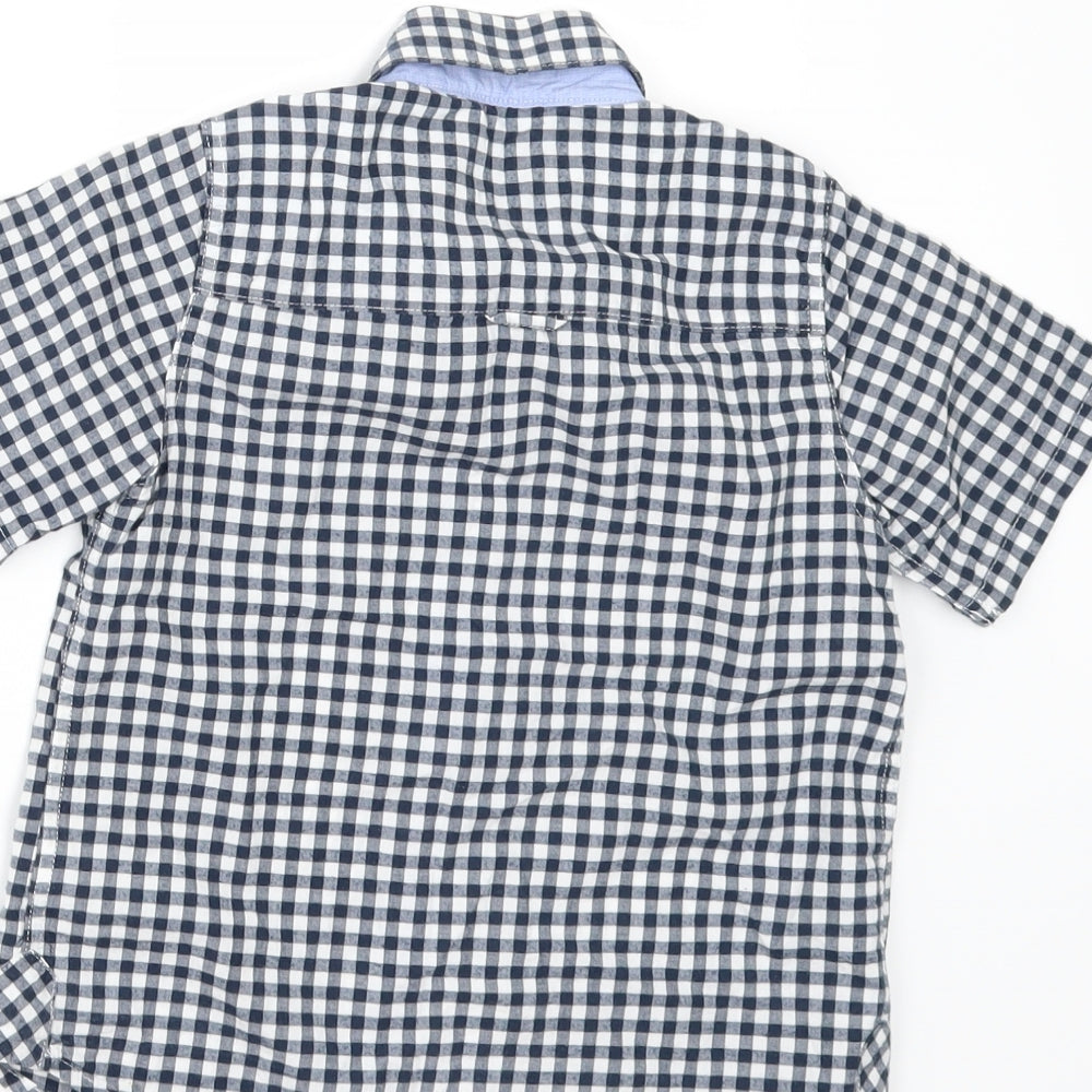 Brand and care label for Next boys’ blue check kimono button-up, size 4, years