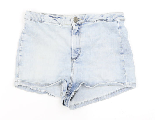 Additional front view of Topshop women’s blue hot pants shorts, size UK 28, in