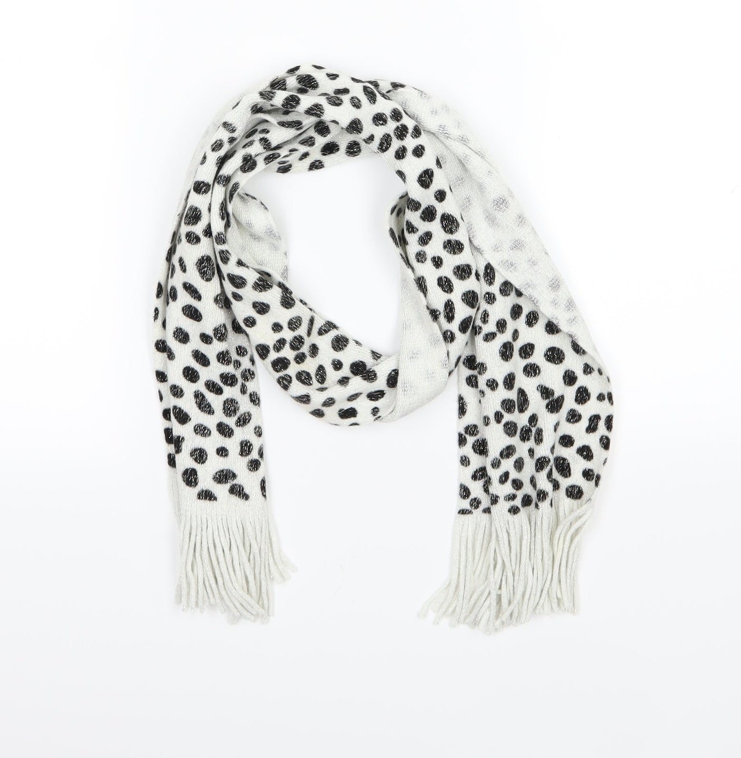 Front view of Preworn women’s white polka dot knit scarf
