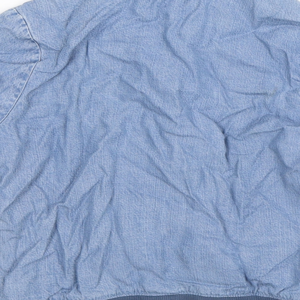 Brand and care label for Preworn girls’ blue floral denim bomber jacket jacket, size S