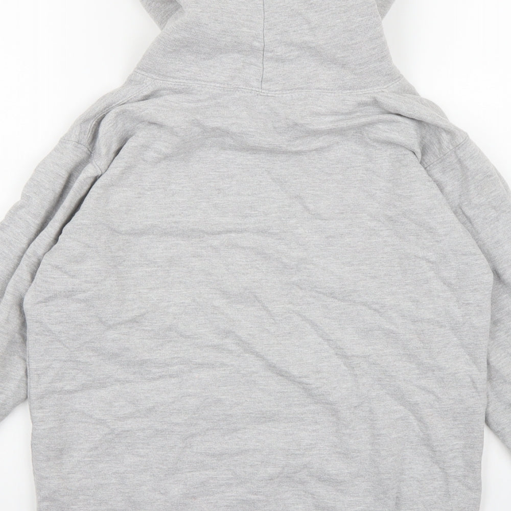 Brand and care label for Just Hoods boys’ grey jersey pullover hoodie, size 12-13, years - durham