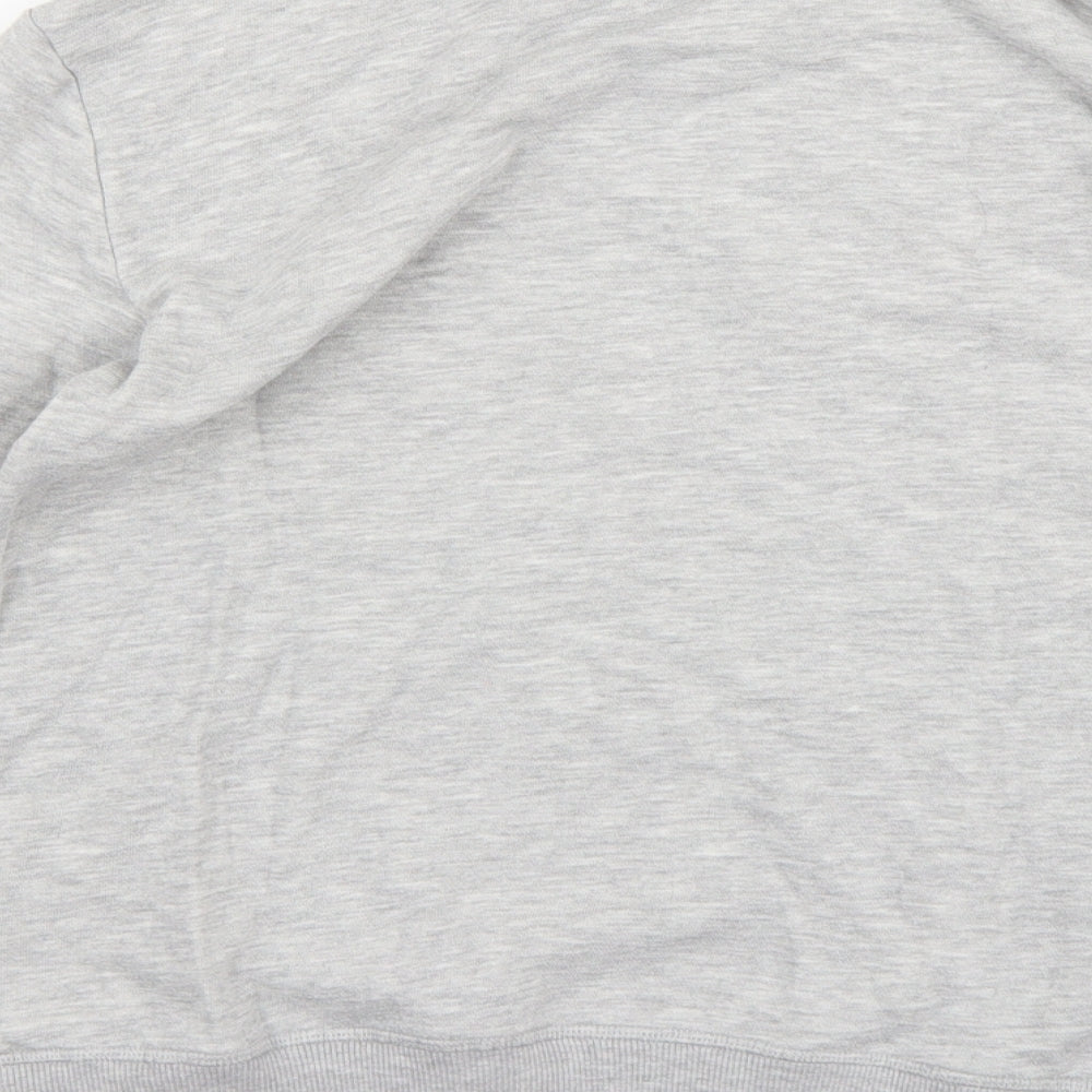 Brand and care label for H&M boys’ grey jersey pullover sweatshirt, size 11, years