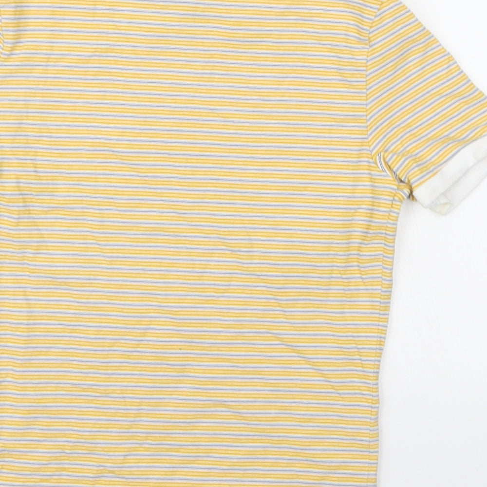 Brand and care label for Divided women’s yellow striped basic t-shirt, size XS