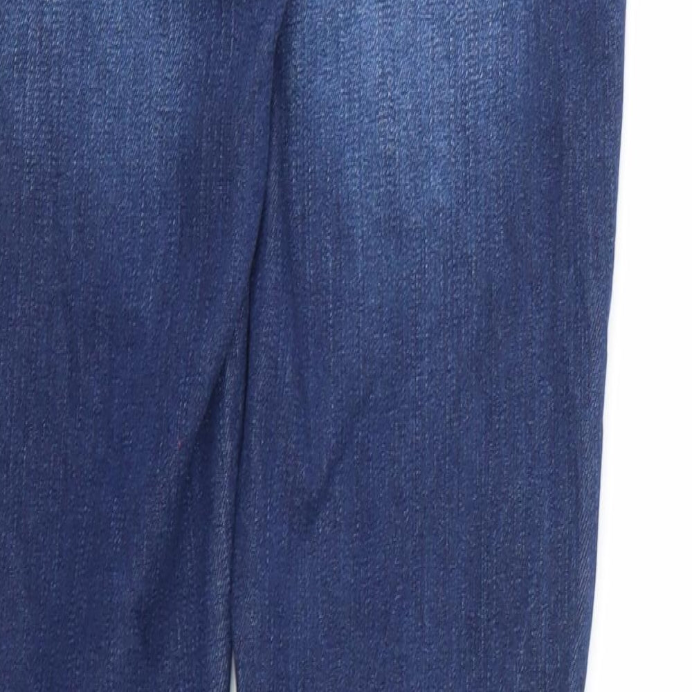 Brand and care label for BLANKNYC men’s blue denim skinny jeans, 28-inch leg