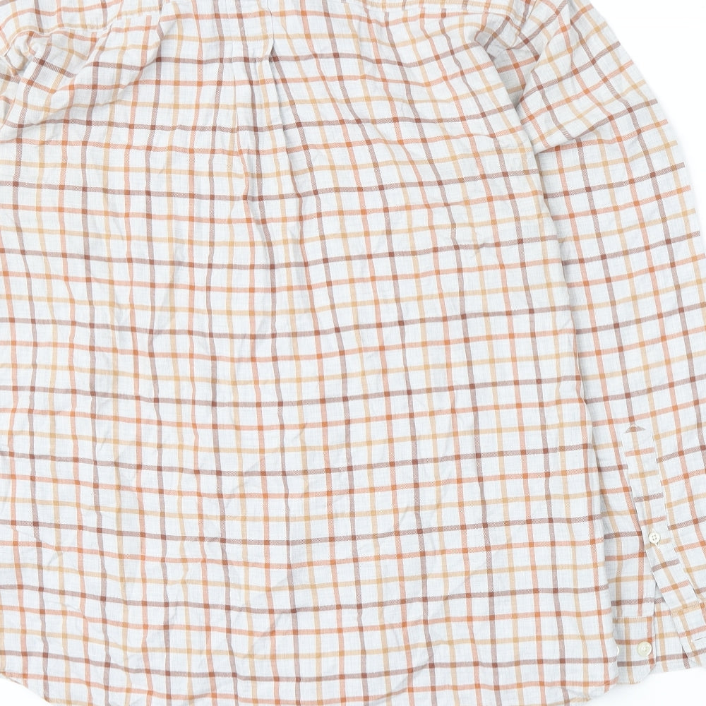 Brand and care label for R. Blue men’s orange plaid button-up, size M