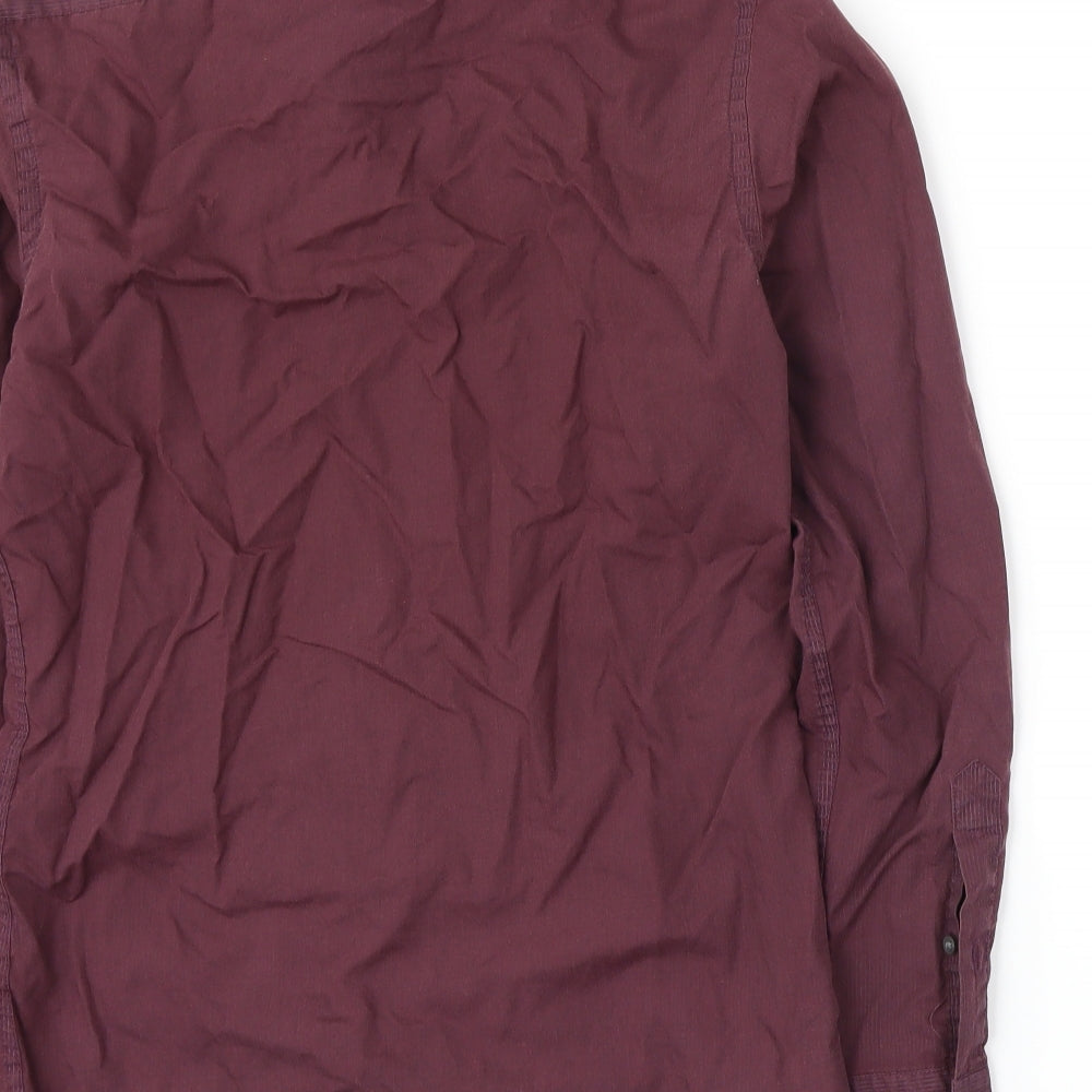 Brand and care label for River Island men’s purple button-up, size S