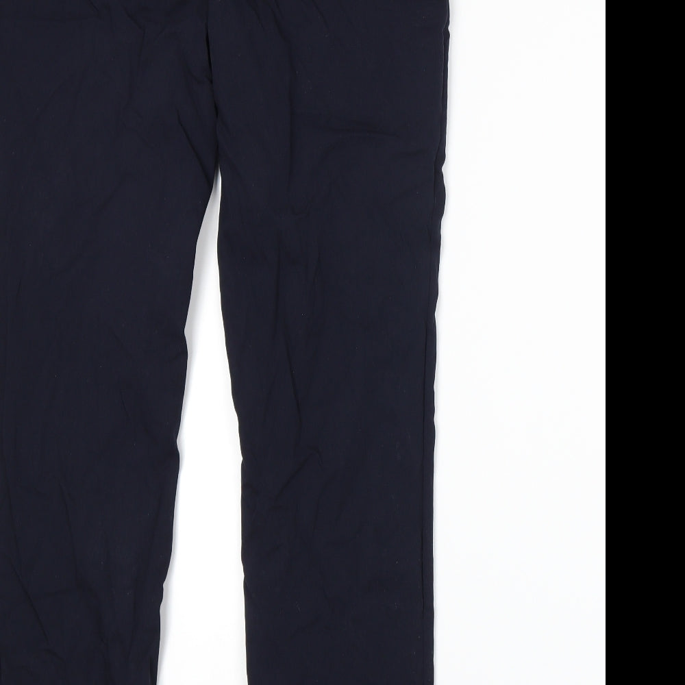 Brand and care label for Cleo women’s blue trousers, size M, 27-inch leg