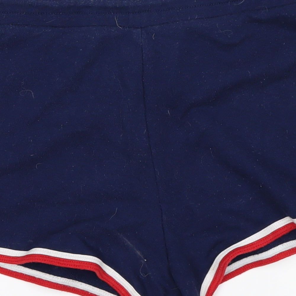 Brand and care label for Forever 21 women’s blue sweat shorts, size S