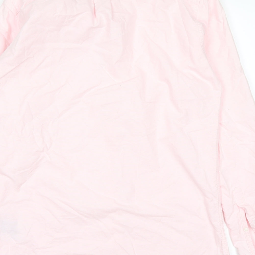Brand and care label for uni men’s pink dress shirt, size S