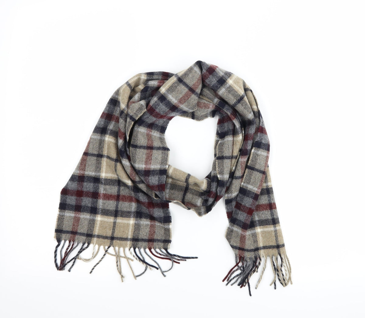 Front view of Preworn men’s brown plaid scarf one size