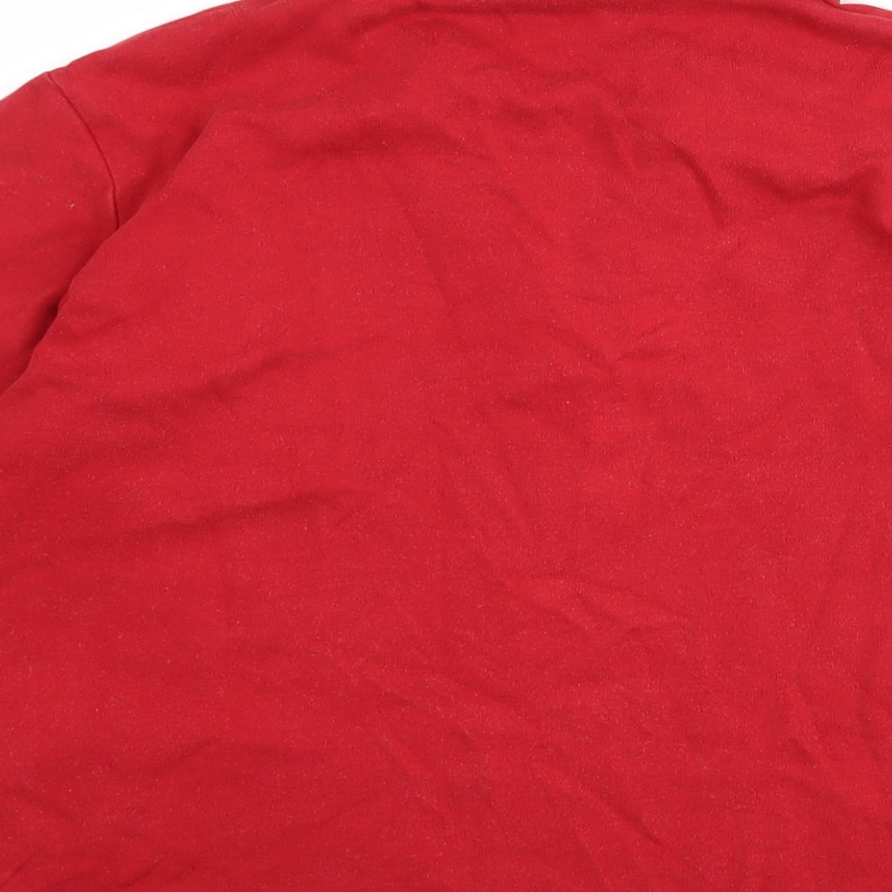 Brand and care label for Tulchan women’s red pullover sweatshirt, size M