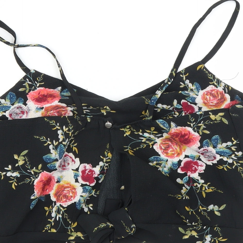 Brand and care label for Preworn women’s black floral camisole blouse, size S
