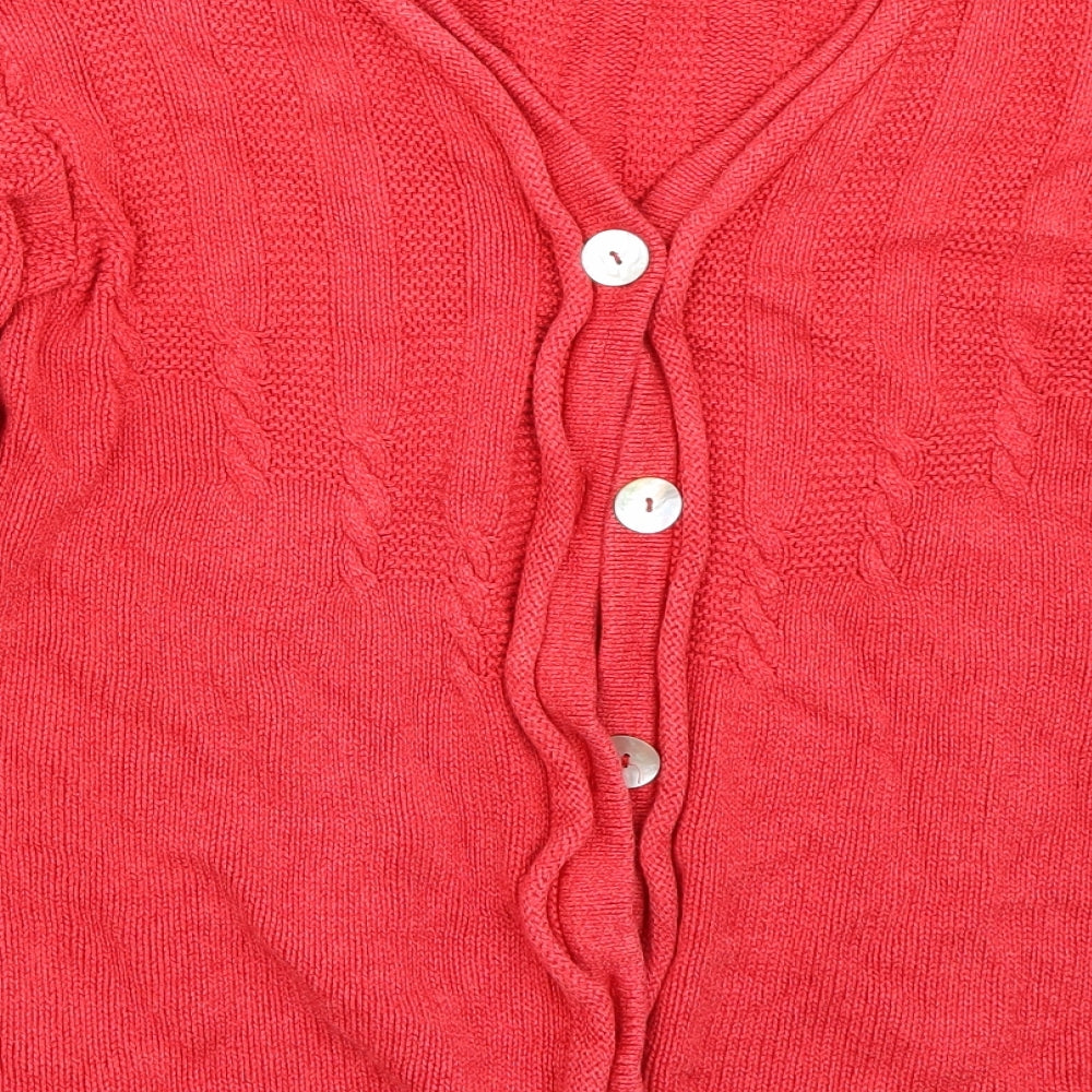 Brand and care label for Alba Moda women’s red cardigan jumper, size UK 10