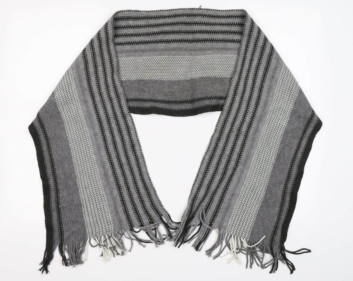 Front view of Preworn men’s grey striped knit scarf one size