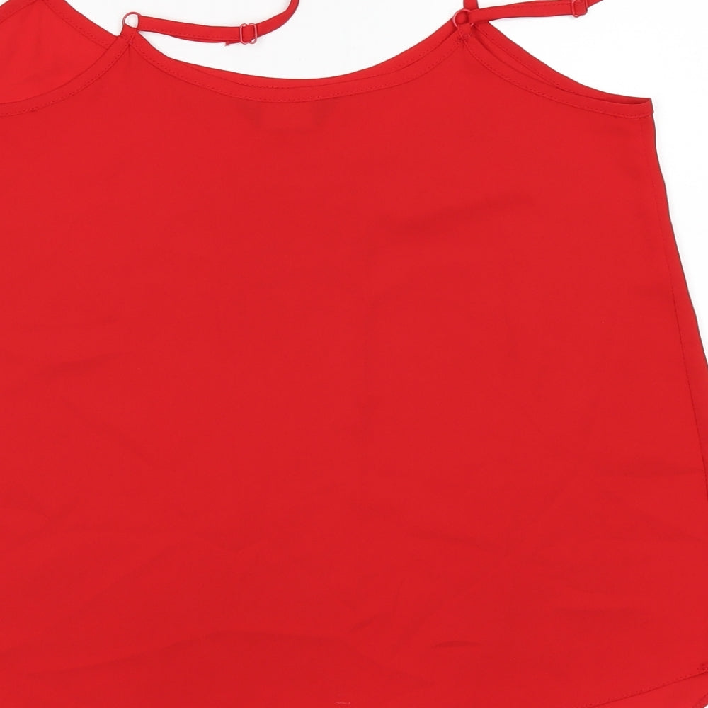 Brand and care label for Dorothy Perkins women’s red basic t-shirt, size UK 12