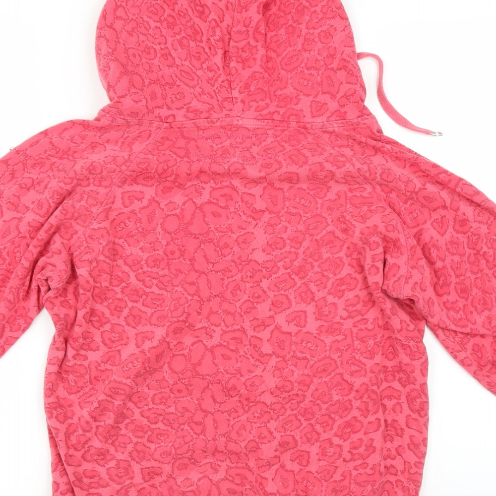 Brand and care label for Internationale women’s pink animal print pullover hoodie, size UK 8