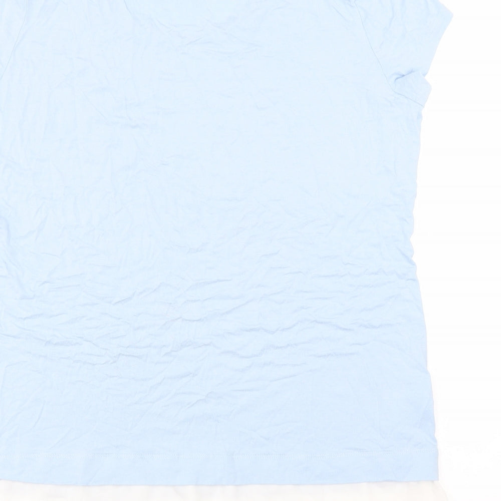 Brand and care label for Renuar women’s blue basic t-shirt, size UK 16
