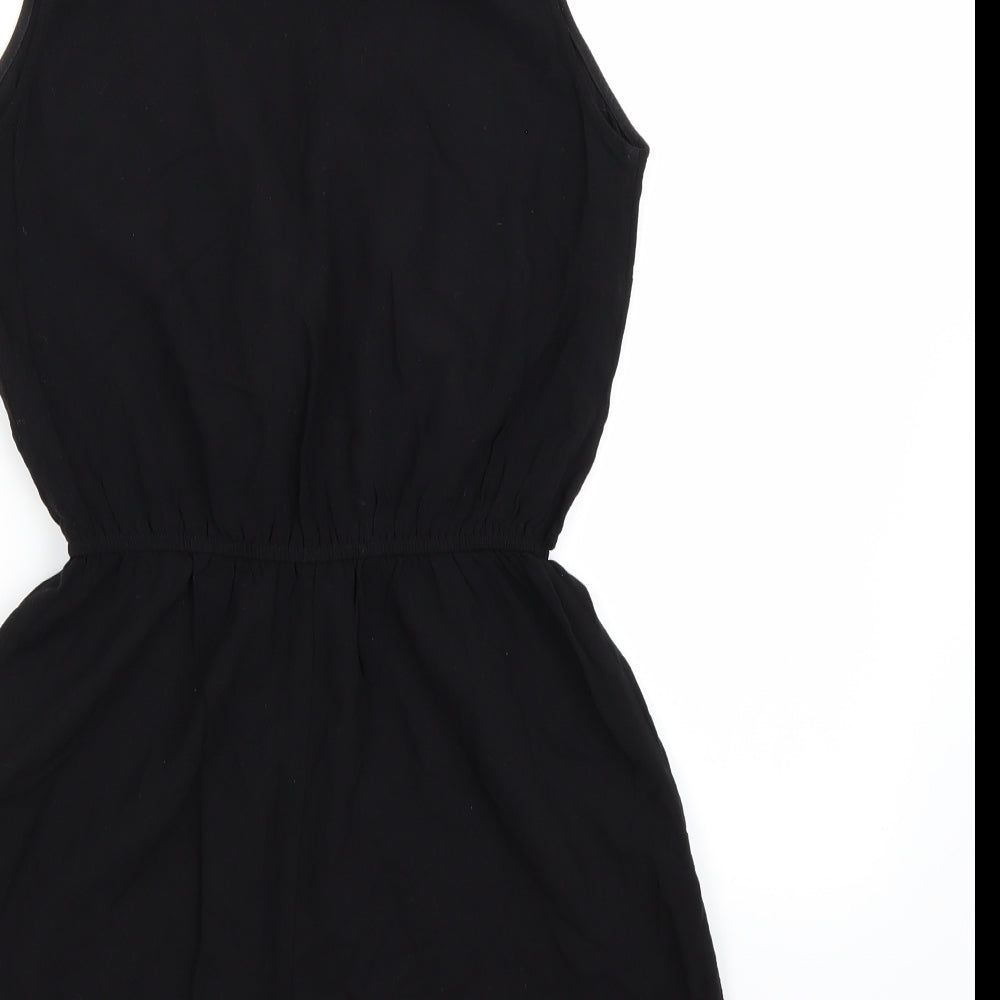 Brand and care label for Forever 21 women’s black rayon playsuit one-piece, size S, - wrap