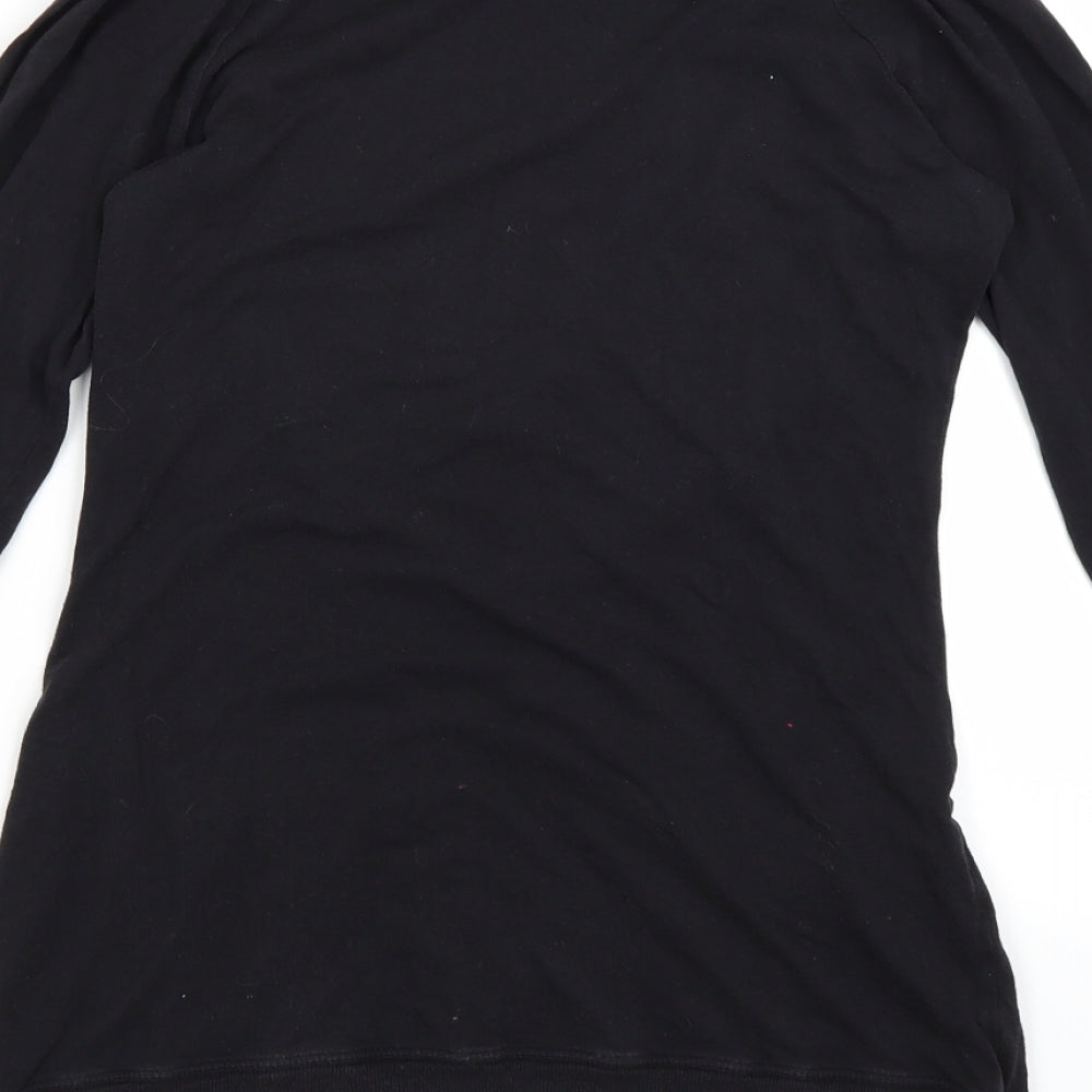 Brand and care label for Preworn women’s black rayon basic t-shirt, size M, - low v neck