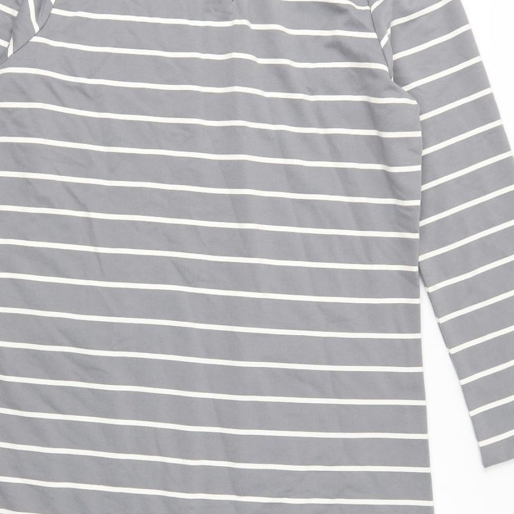 Brand and care label for Tru women’s grey striped jersey tunic blouse, size L