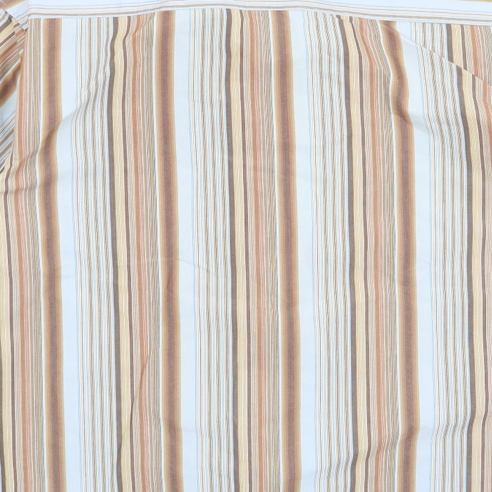 Brand and care label for Easy men’s brown striped button-up, size S
