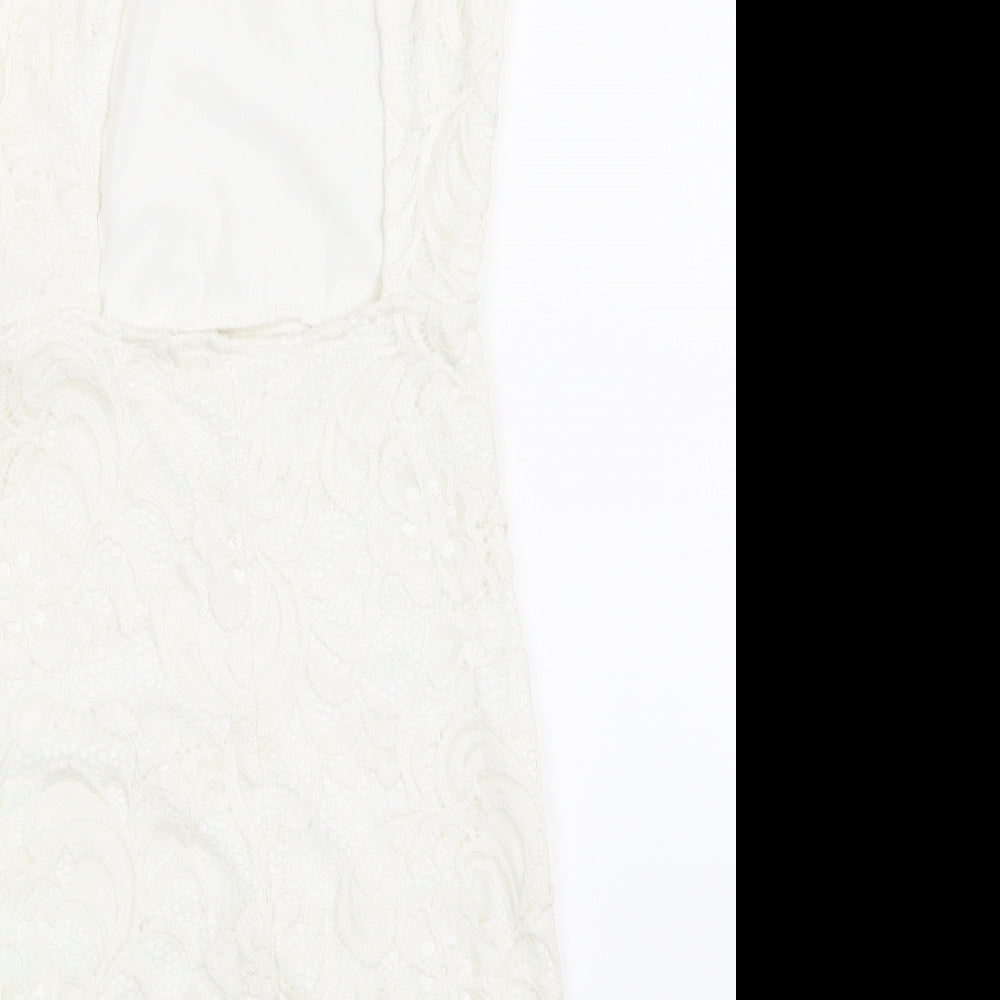 Brand and care label for H&M women’s white lace a-line, size UK 8