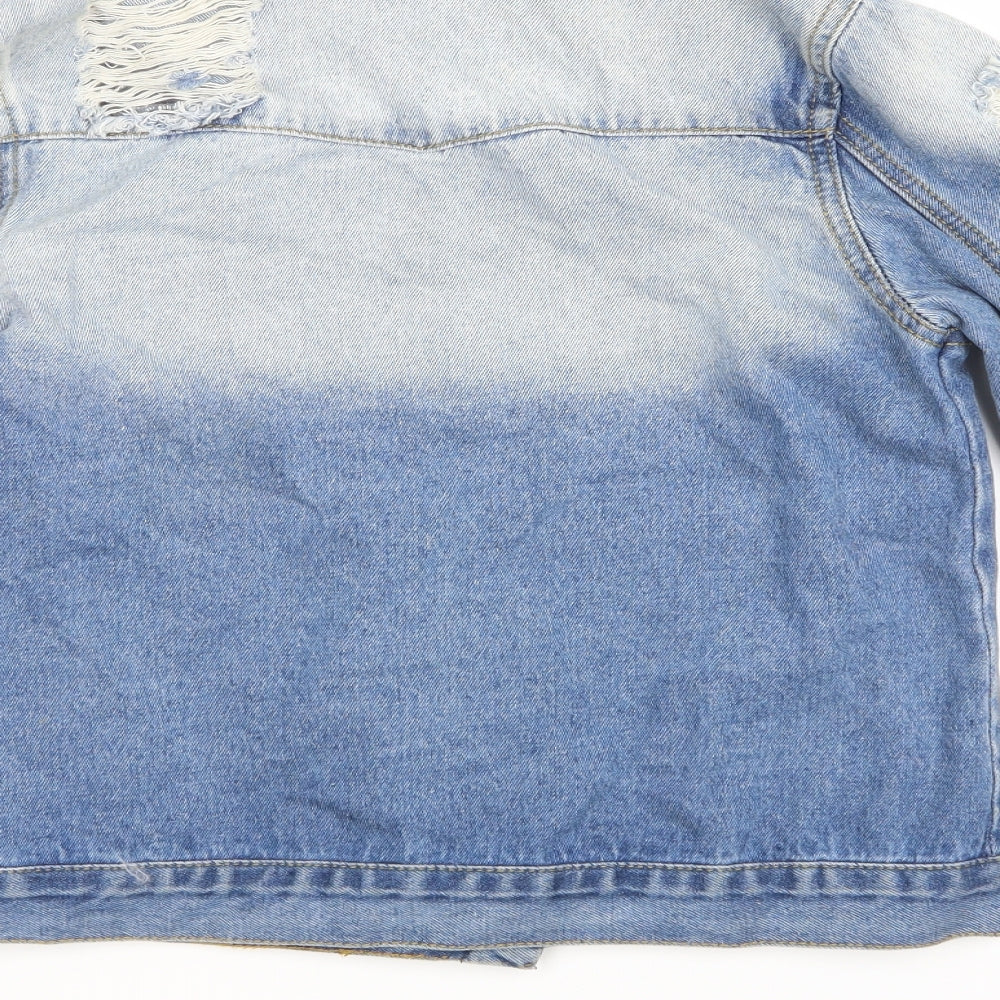 Brand and care label for Boohoo women’s blue denim jacket, size UK 6