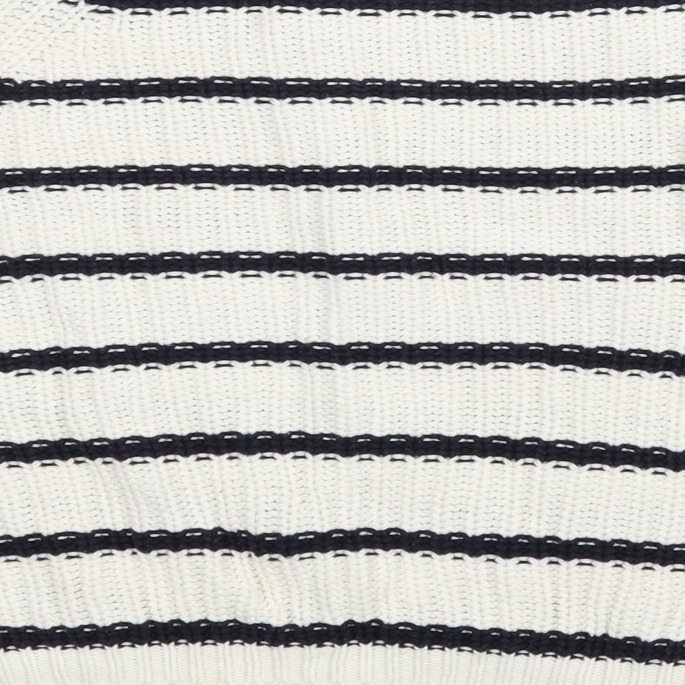 Brand and care label for Marks & Spencer women’s beige striped knit jumper, size M
