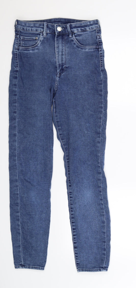 Additional front view of H&M women’s blue denim jegging jeans, size UK 27, in, 30-inch leg