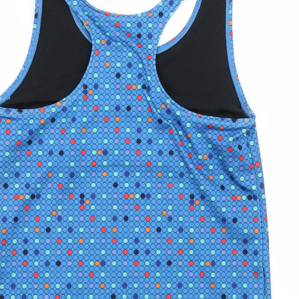 Brand and care label for Danskin women’s blue polka dot jersey basic tank, size L