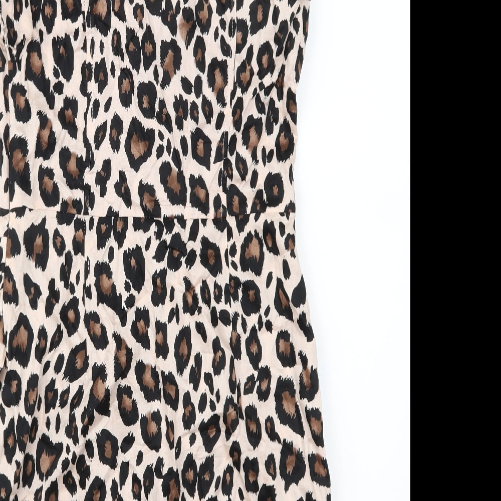 Brand and care label for Miss Selfridge women’s brown animal print shift, size UK 10