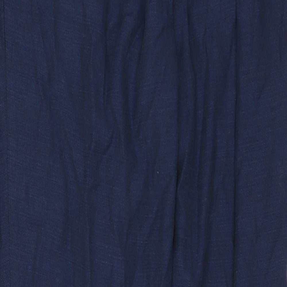 Brand and care label for Marks & Spencer women’s blue trousers, size UK 12, 28-inch leg