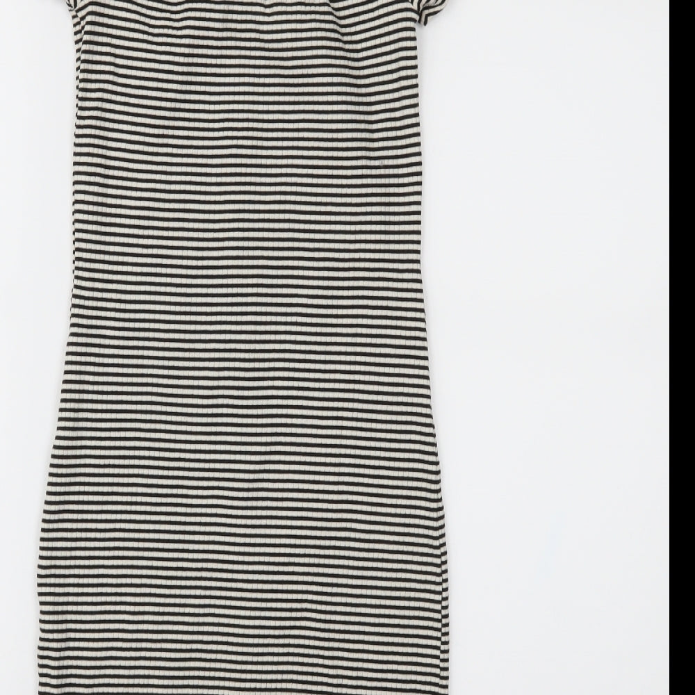 Brand and care label for River Island women’s beige striped bodycon, size UK 6