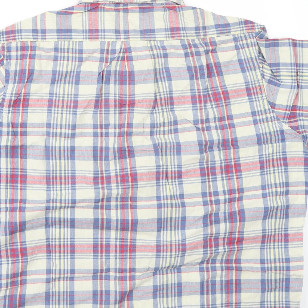 Brand and care label for THE NEW IVY BRAND men’s multicoloured check button-up, size M