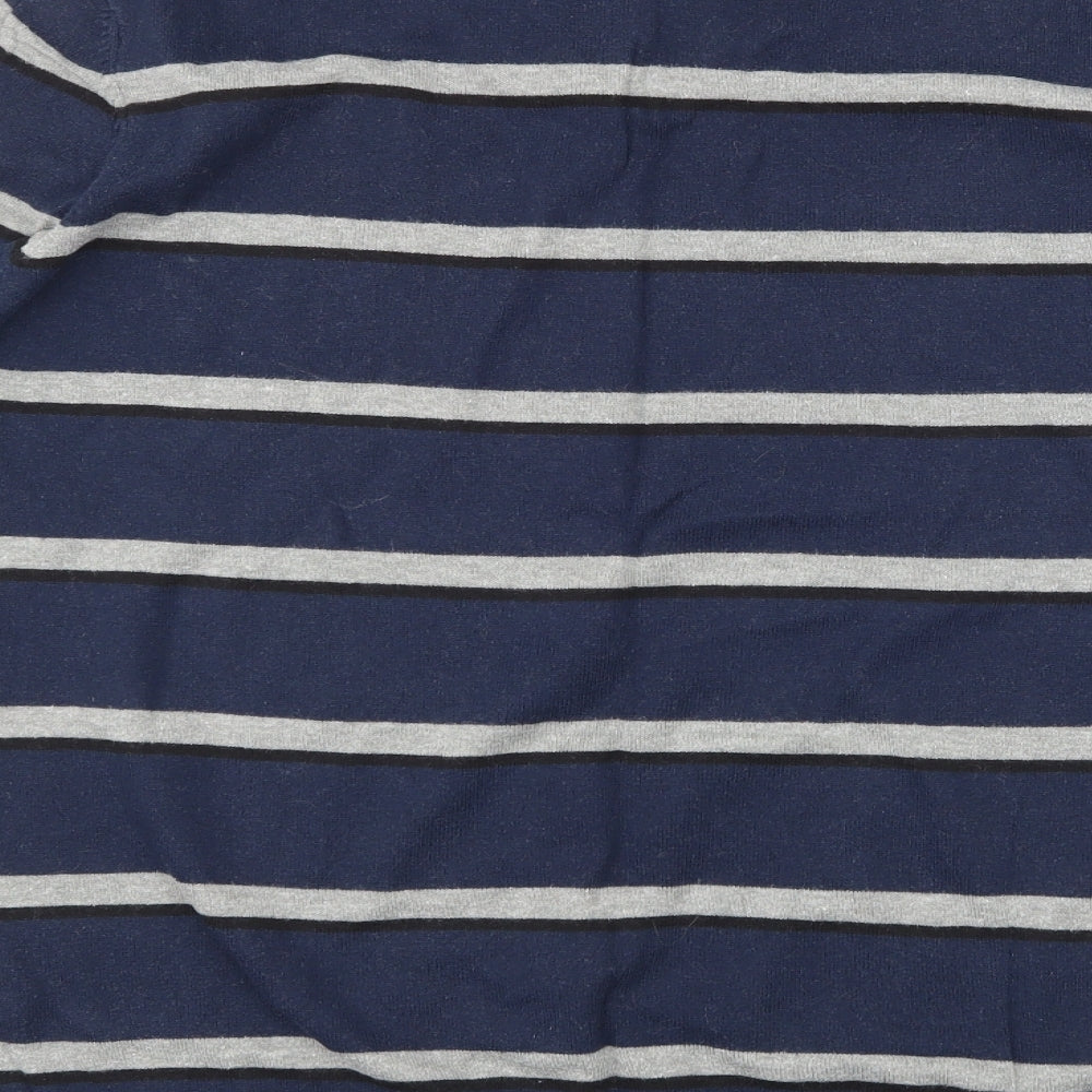 Brand and care label for Dissident men’s blue striped jumper, size L