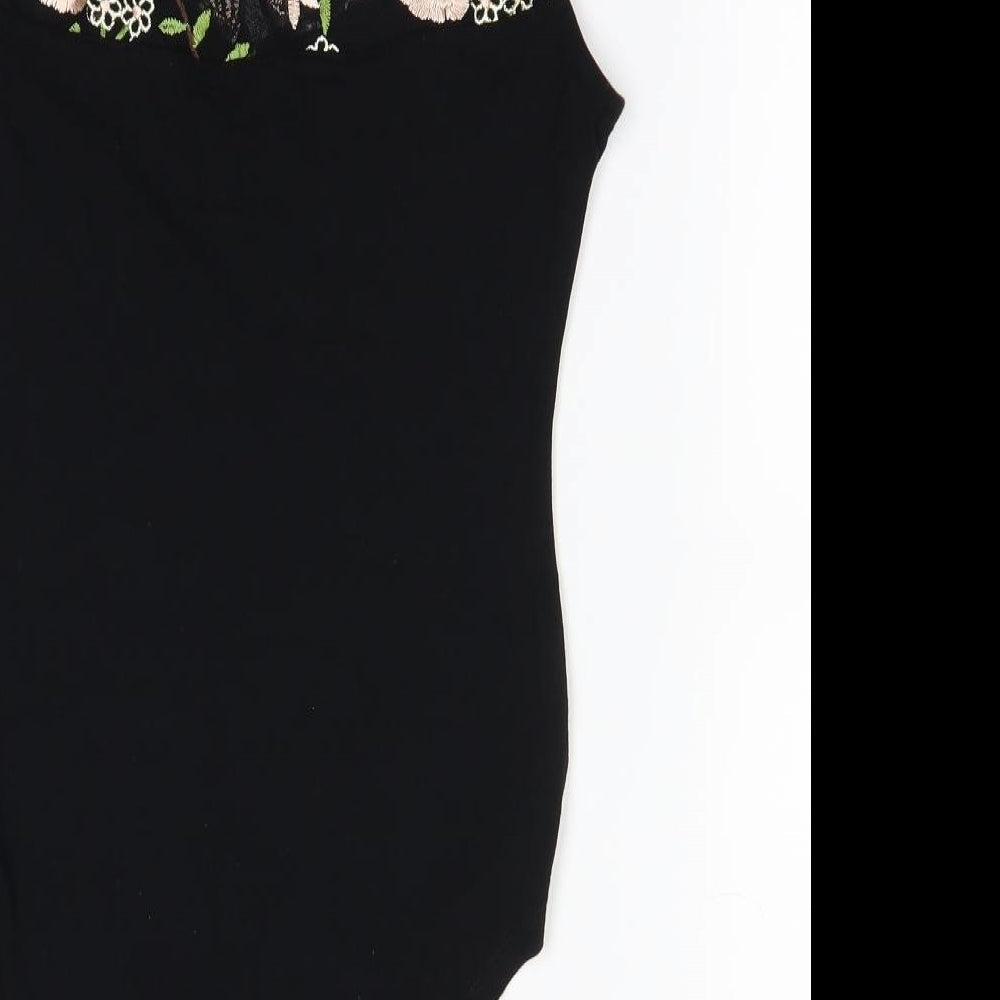Brand and care label for Select women’s black floral bodysuit one-piece, size UK 8