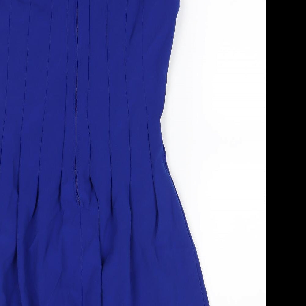 Brand and care label for H&M women’s blue fit & flare, size UK 8
