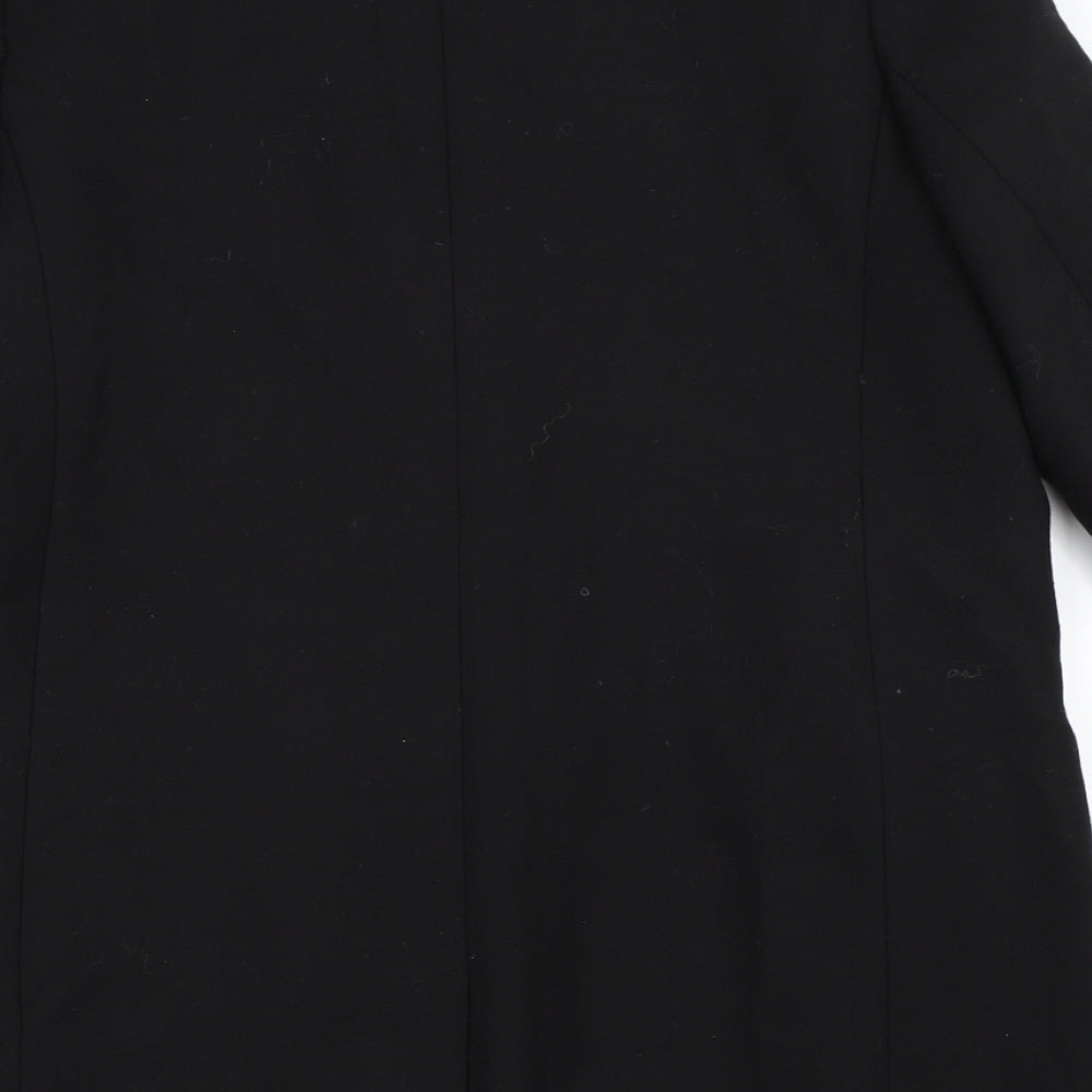 Brand and care label for Preworn women’s black overcoat coat, size L